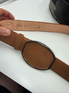MEXICAN handmade Men's Brown/Tan Leather Belt with Oval Metal-Trim Buckle
